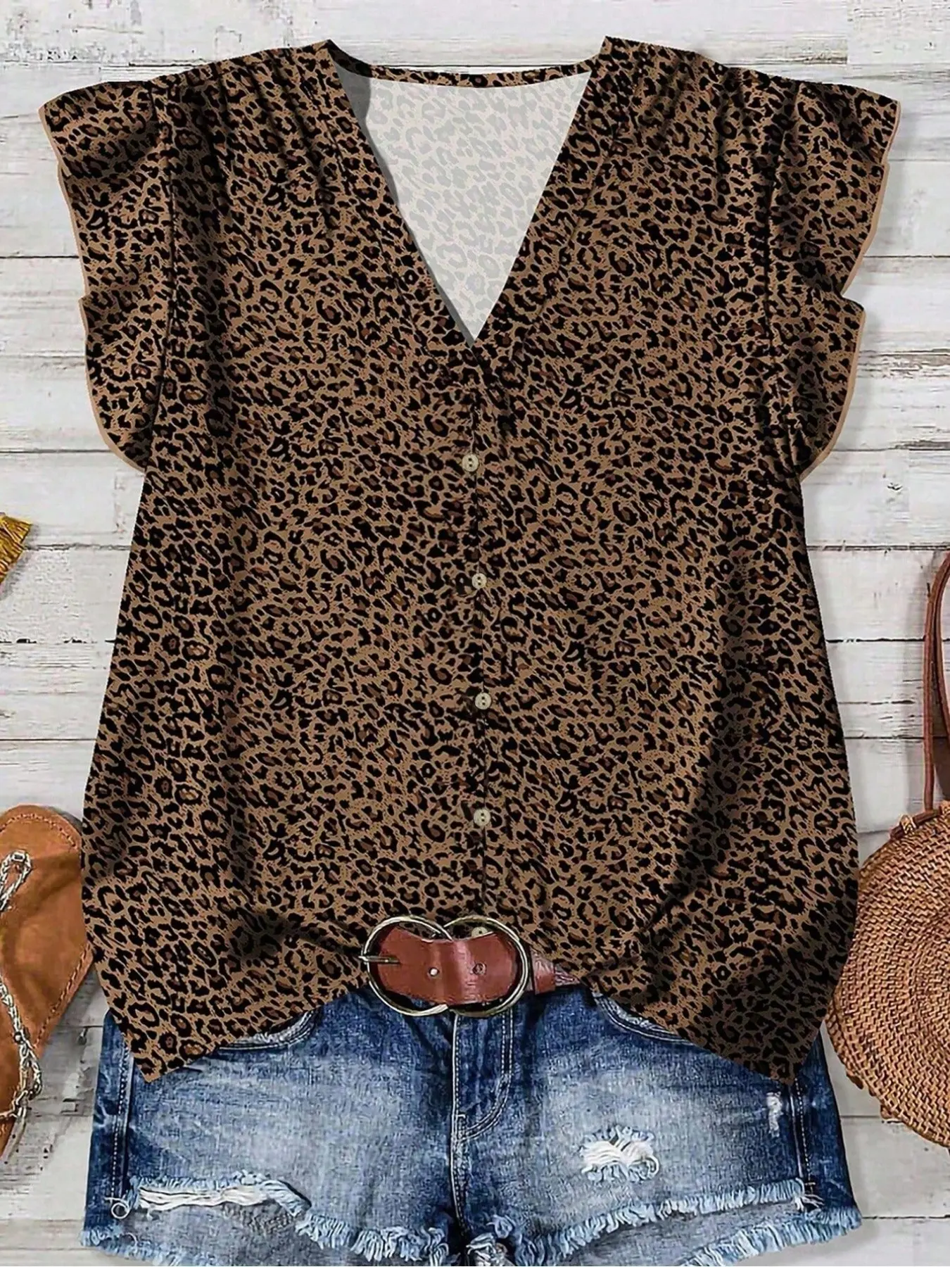 Elegant Chic Boho Fashion Casual Blouse for Women, Loose-Fitting Vneck Plaid Leopard Print Shirt with Ruffle Sleeves, Perfect for Summer, All-Season Fashion Top