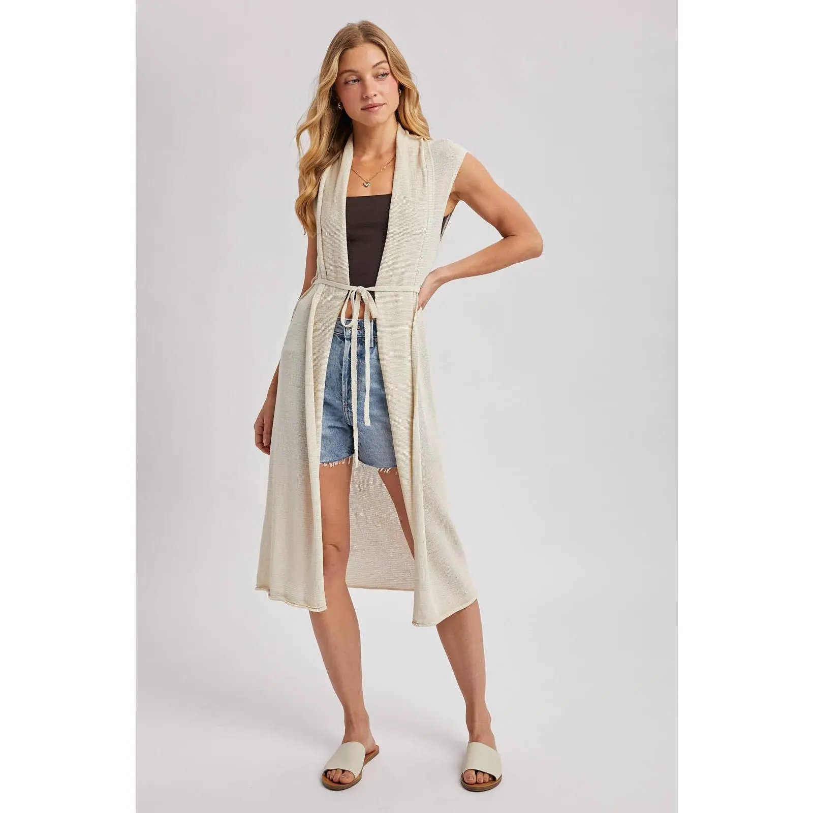Sleeveless Belted Vest Cardigan