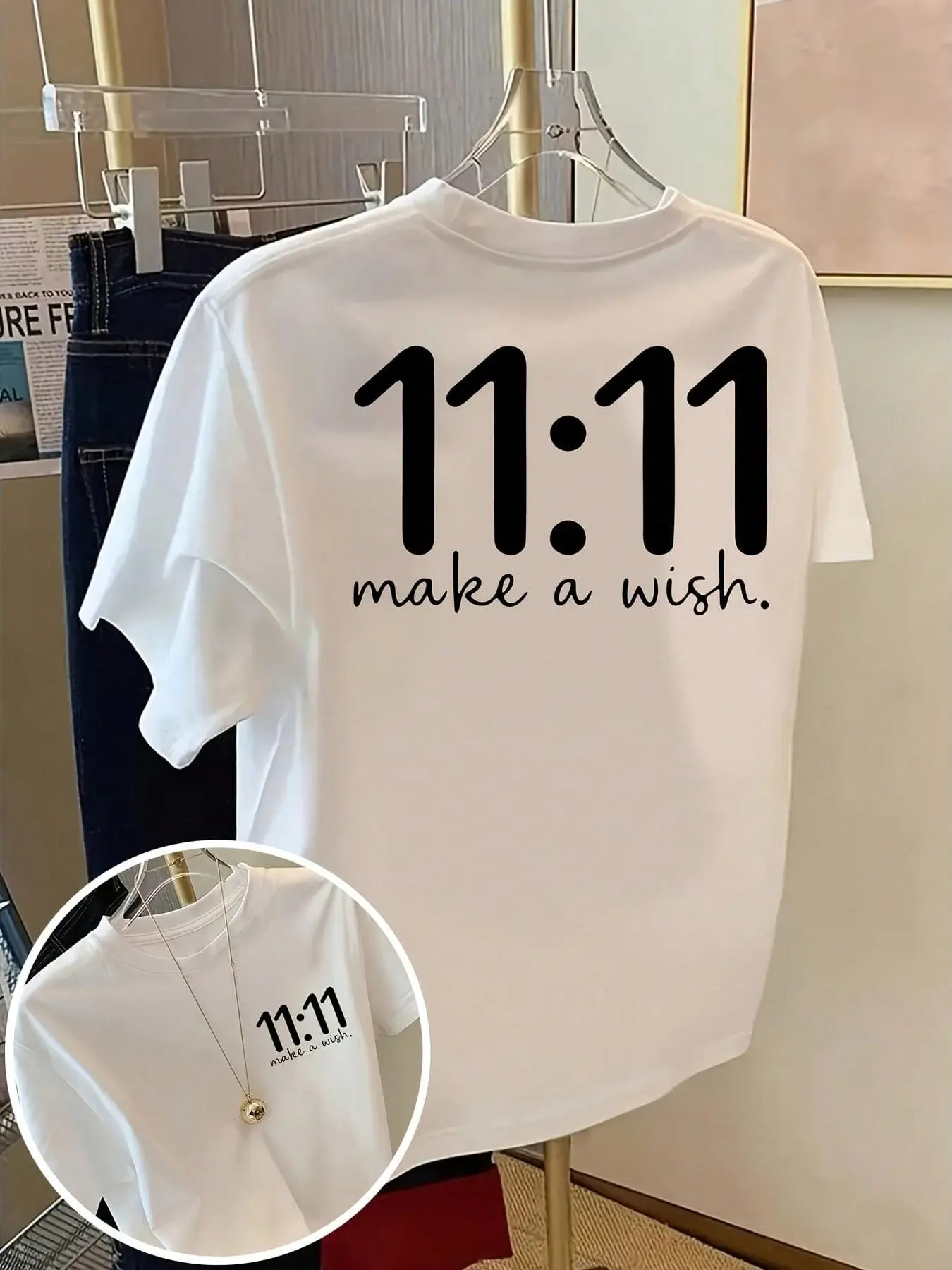 100% Cotton Unisex Round Neck Tee, 11:11 Make A Wish Double Sided Minimalist Text Chest & Back Graphic Loose Casual Top, Lucky Angel Number Simple Cursive Quote Print For Women Daily Soft Breathable Summer Gift, Non-Washed Fabric