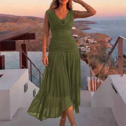 AISIZE A5602 Women's Flowy Mesh Cowl Neck Ruched Asymmetrical Cocktail Dress