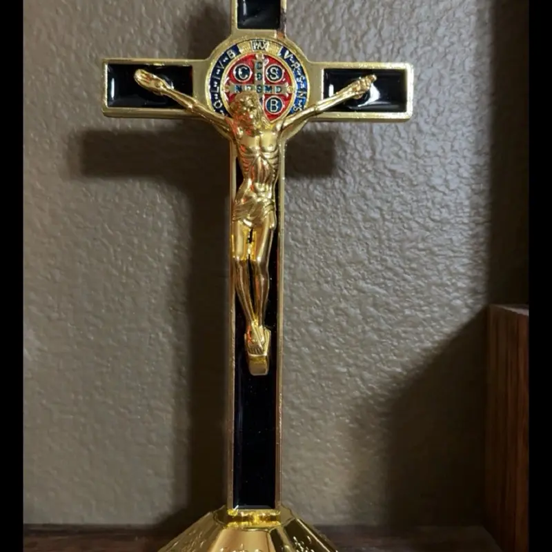 Saint Benedict Standing Crucifix Gold Plated with Detailed Iconography for Religious Decor