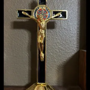 Saint Benedict Standing Crucifix Gold Plated with Detailed Iconography for Religious Decor