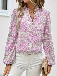 A geometric pattern V-neck lantern sleeve shirt blouse for women is elegant and suitable for both indoor and outdoor wear.