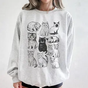Vintage Cat Sweatshirt, Retro Kitten Graphic Pullover, Cozy Cottagecore Cat Lover Gift, 90s Style Oversized Crewneck, Cute Cat Mom Sweater