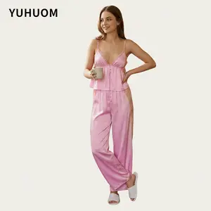 Women's Pajama Sets, Lace Patchwork Spaghetti Strap Ruffled Cami + Loose Pants 2Pcs, Soft Comfortable Loungewear, Silky Sleepwear Can Be Worn Outside, Sexy Pure Desire Relaxed Fit Nightwear | US Size