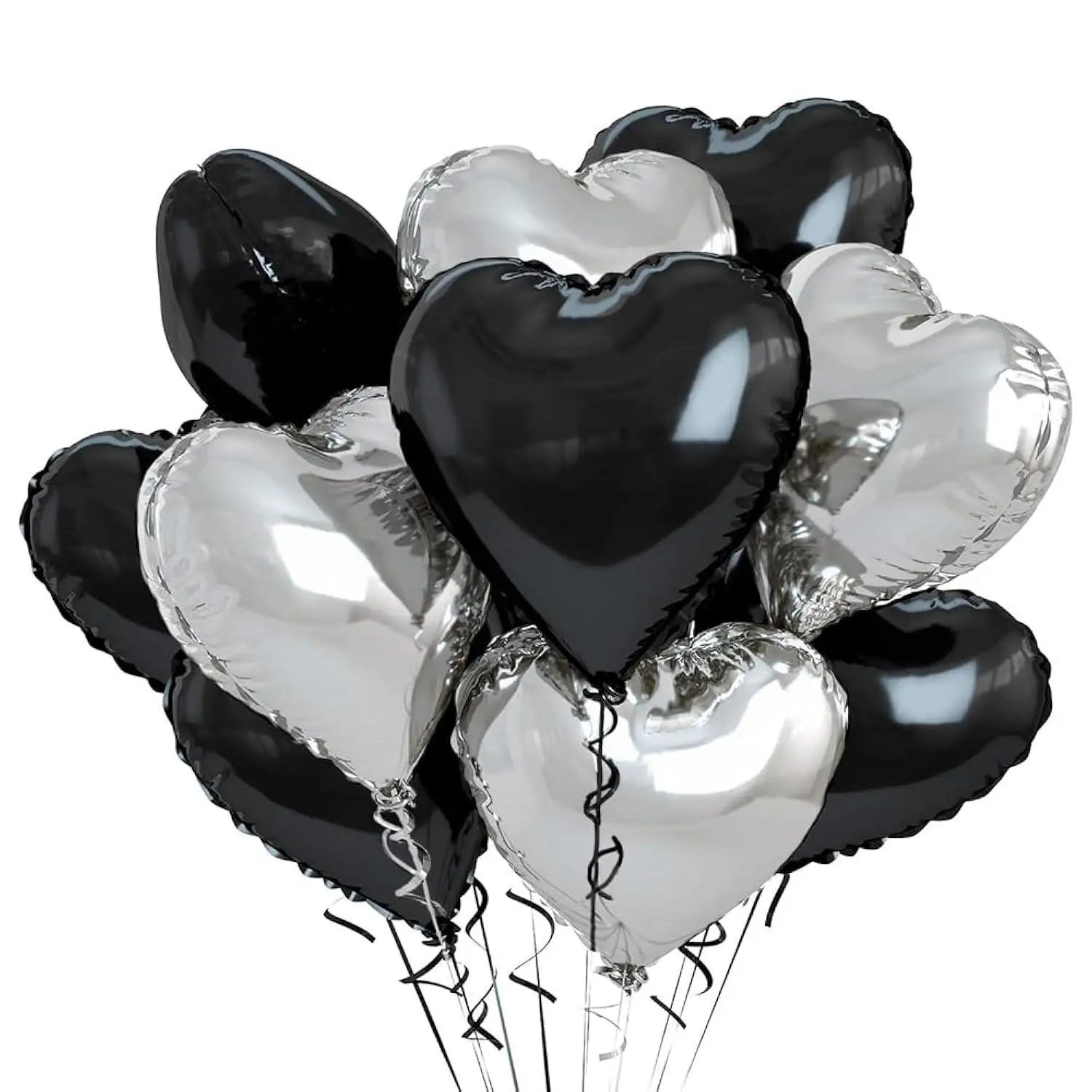12 Pcs Black And Silvery Heart Foil Balloons, 18 Inch Mylar Balloons For Love, Valentines, Birthday, Wedding Party Decoration