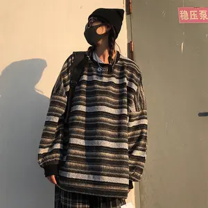 Autumn and Winter Retro Striped Tweed Loose Pocket Round Neck Sweater Padded