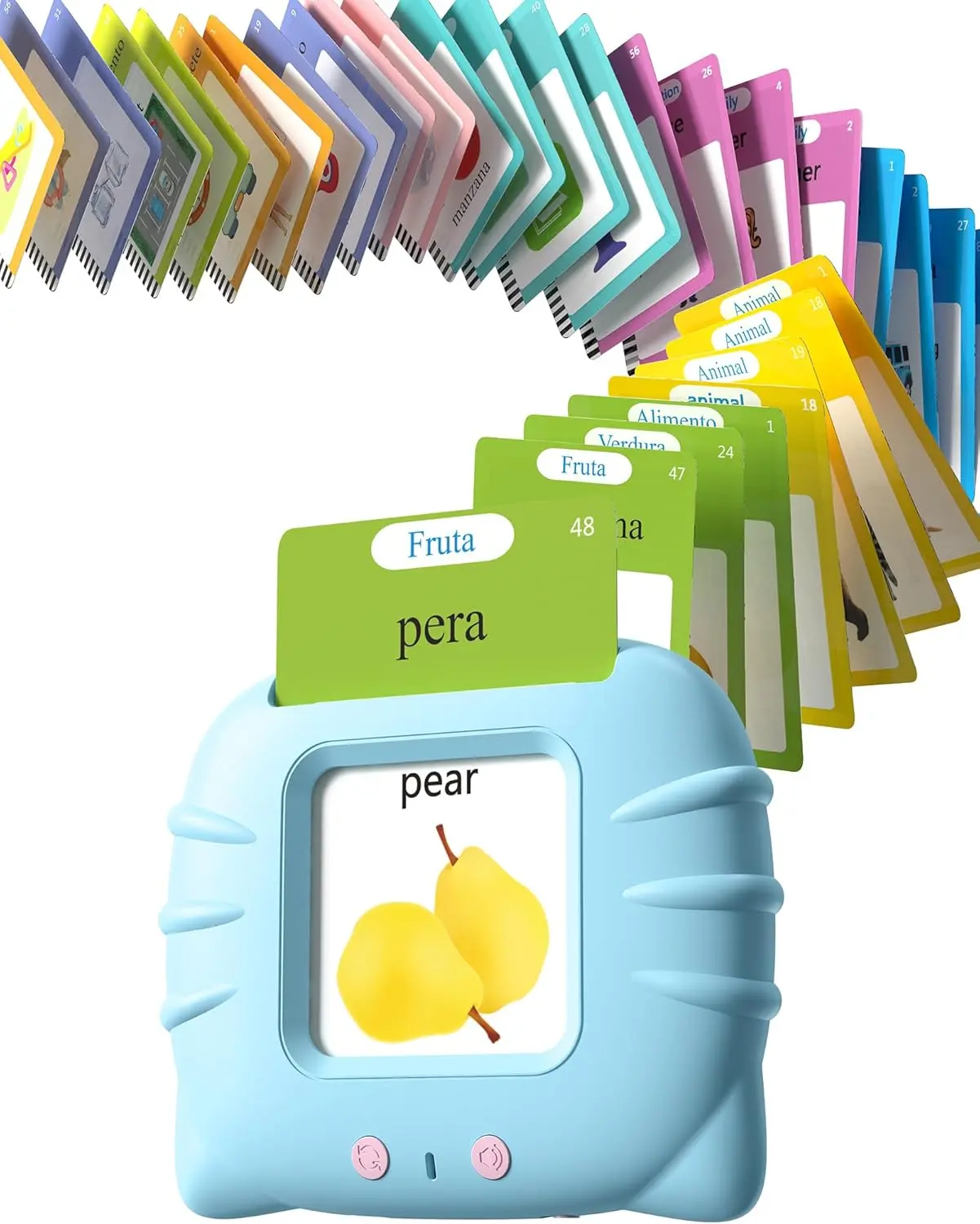 KIDGENIUS Kids Interactive Early Learning Machine, Bilingual English & Spanish Vocabulary Flashcards, 112 Cards 224 Words, Real Pronunciation Correction, Portable Safe Durable Educational Toy  Adjustable