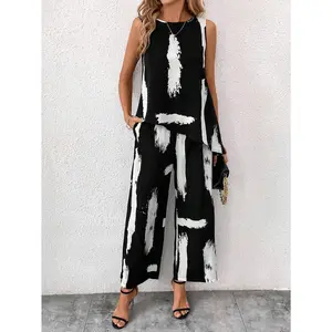 1 set of casual summer women's set, round neck sleeveless hem asymmetrical top comfortable and elegant, wide leg wide comfortable breathable