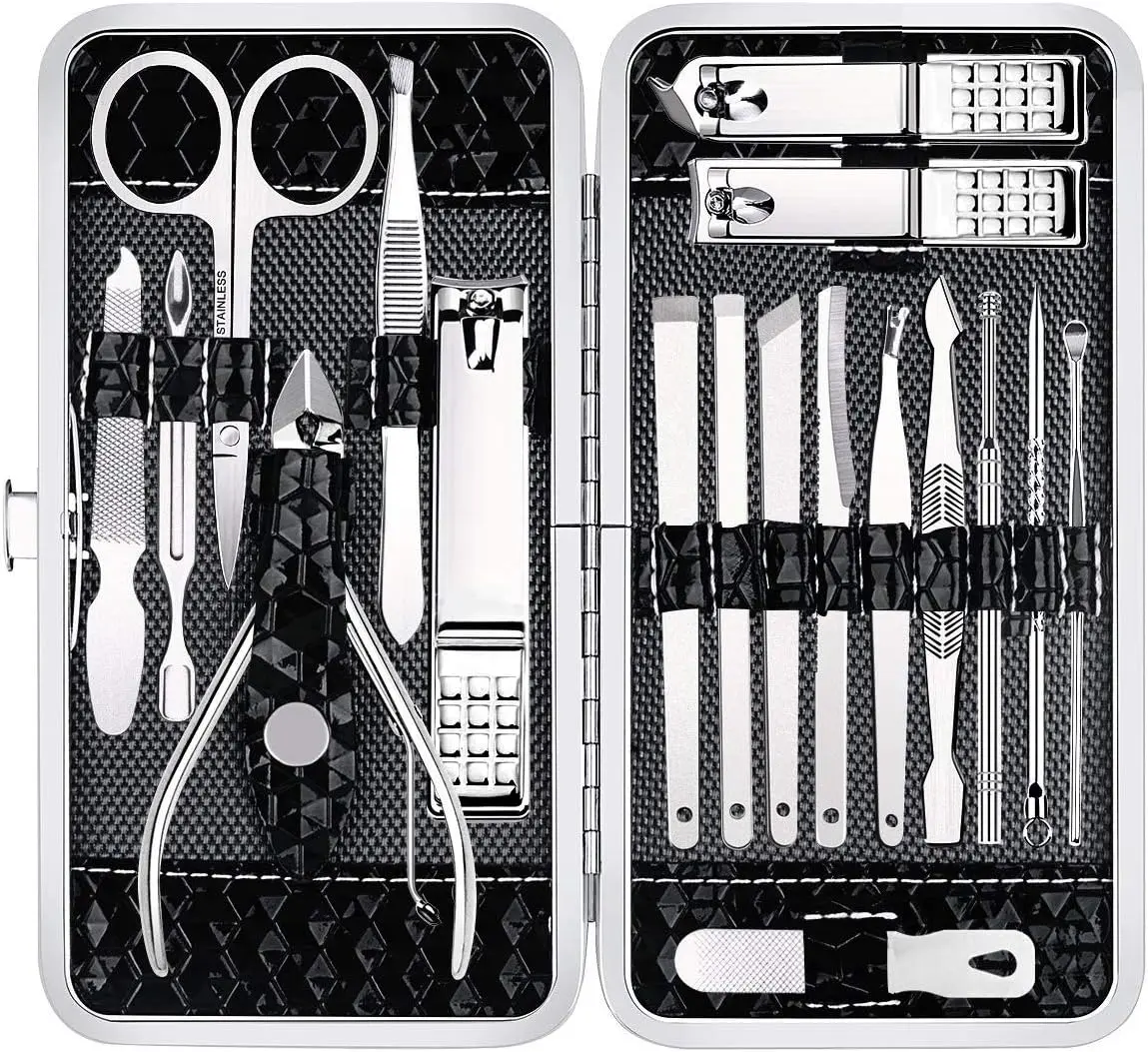Manicure Set 18 Pieces Professional Nail Clippers Pedicure Kit Men Women, Stainless Steel Fingernail Toenail Cutters, Nail Care Grooming Tools with Leather Travel Case