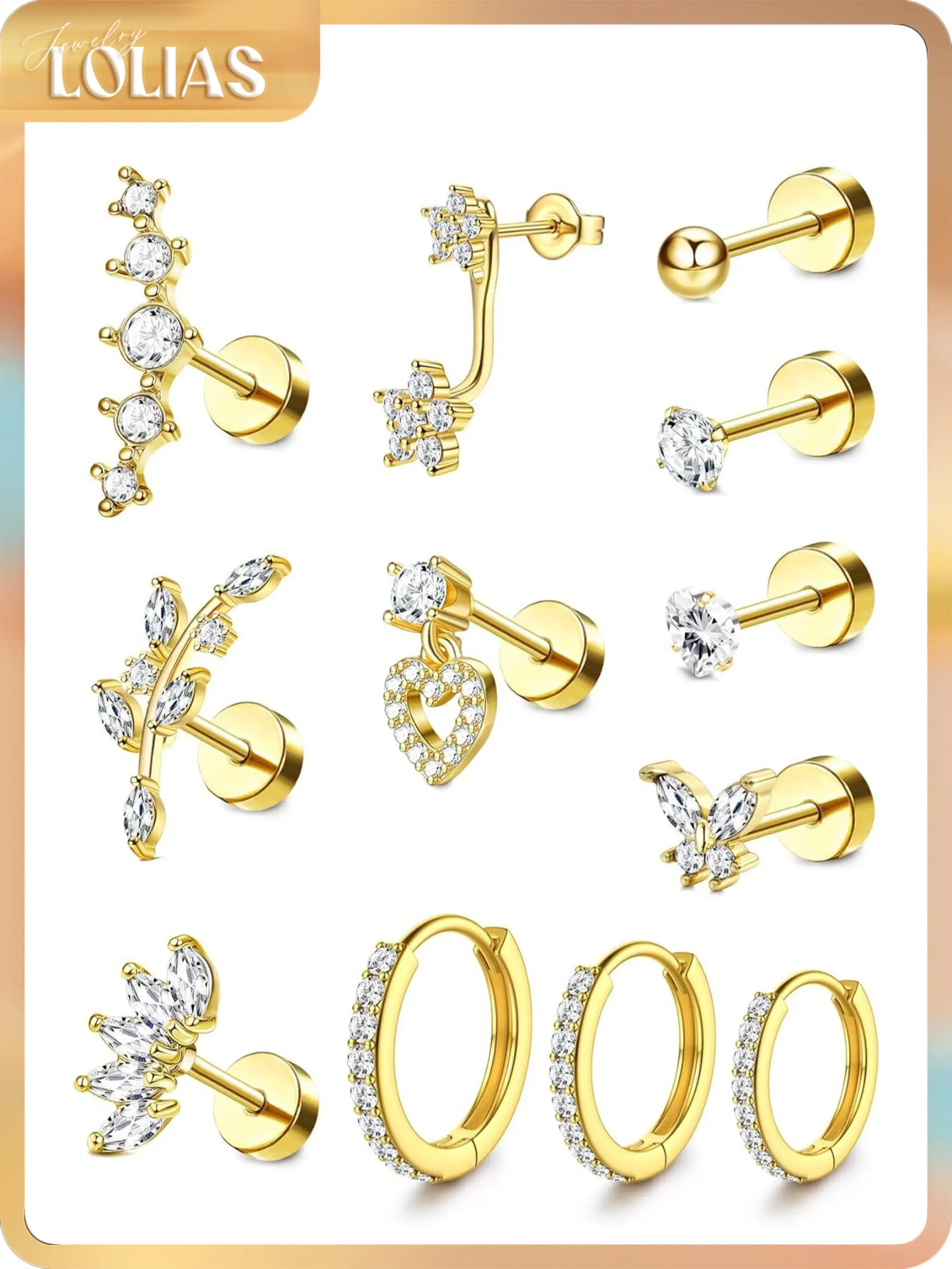 LOLIAS Earring Stacking Set for Women, Gold-Plated Flat Back Studs and Hoops, Hypoallergenic 16G 316L Stainless Steel Piercing Jewelry, Tarnish Free, Flat Back Earrings, Gold Piercing Jewelry, Tarnish Free Earrings