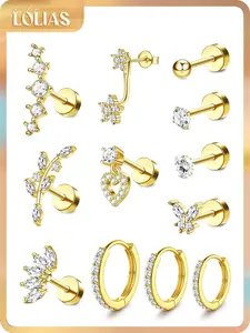 LOLIAS 16 Gauge Women's Cartilage Earring Set - 14 Karat Gold Plated, Hypoallergenic Surgical Stainless Steel Flat Back Studs & Hoops for Daith, Conch, Tragus Piercings, Earring Stacking Set