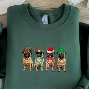 Pug Dogs Christmas Sweater, Santa Pug Xmas Lights Dog Lover Crewneck NYF