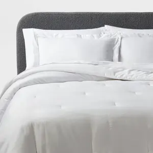 3pc Full/Queen Luxe Embroidered Border Comforter and Sham Set White/Light Gray - Threshold: Cotton Sateen, 310 Thread Count, Machine Washable