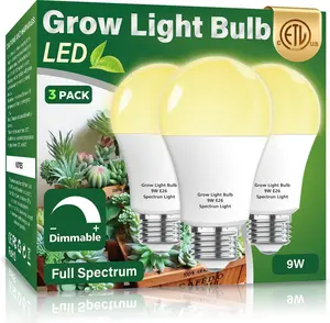 Full Spectrum Grow Light Bulbs,A19 Grow Lights for Indoor Plants,Dimmable E26 9W Grow Bulb Replace up to 100W,Plant Lights for Indoor Growing,Flowers,Greenhouse,Indore