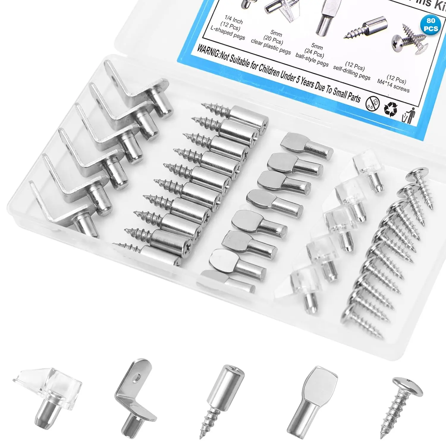 80 Pcs Shelf Pegs Pins Kit, 4 Styles Heavy Duty 5mm 1/4 Inch Shelf Support Pegs Holders, Nickel Plated Cabinet Shelf Clips for Kitchen Wood Shelves Bookcase