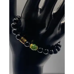 Leo Zodiac black obsidian with green tourmaline elastic beaded bracelet with gold accents