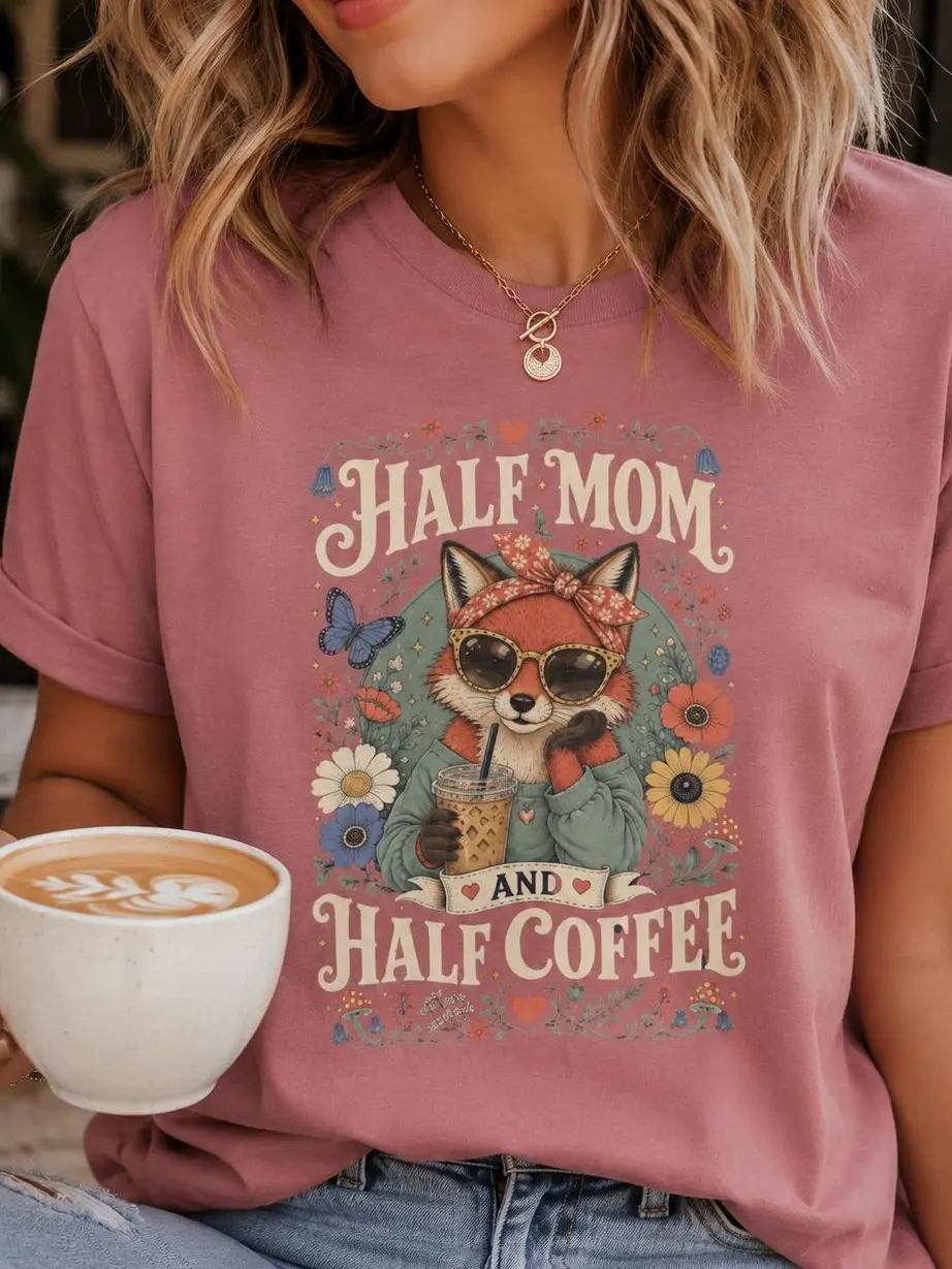Women's Half Mom Half Coffee Fox Crewneck T-Shirt - Floral Fox Illustration, 100% Airlume Combed Ring-Spun Cotton, Breathable Lightweight Fit, Ribbed Shortsleeve Casual Jersey Top (Pair with Jeans/Cardigan) Tee Everyday Knit Print