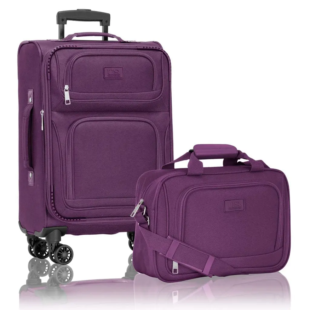 U.S Travelers 2-Piece Rio 1200D Polyester Rugged Expandable Carry-On Spinner Luggage Set with 14" Tote, 4-Wheels 360 Rotation Spinner Wheels, Pocket, Purple, 14" W x 9.5" H x 5" D, for Airline Travel (US08148L)