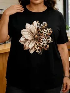 Leopard Bloom Graphic Tee Trendy Floral Animal Print Shirt for Women Casual Statement T-Shirt Fashion Top summer clothes