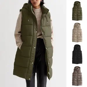 Women's Quilted Sleeveless Puffer Vest with Hood Longline Lightweight Zip-Up Fleece-Lined for Fall Layering & Outdoor Casual Wear Aesthetic Solid Color Options Olive Womenswear Button Everyday Formal woman long puffer vest