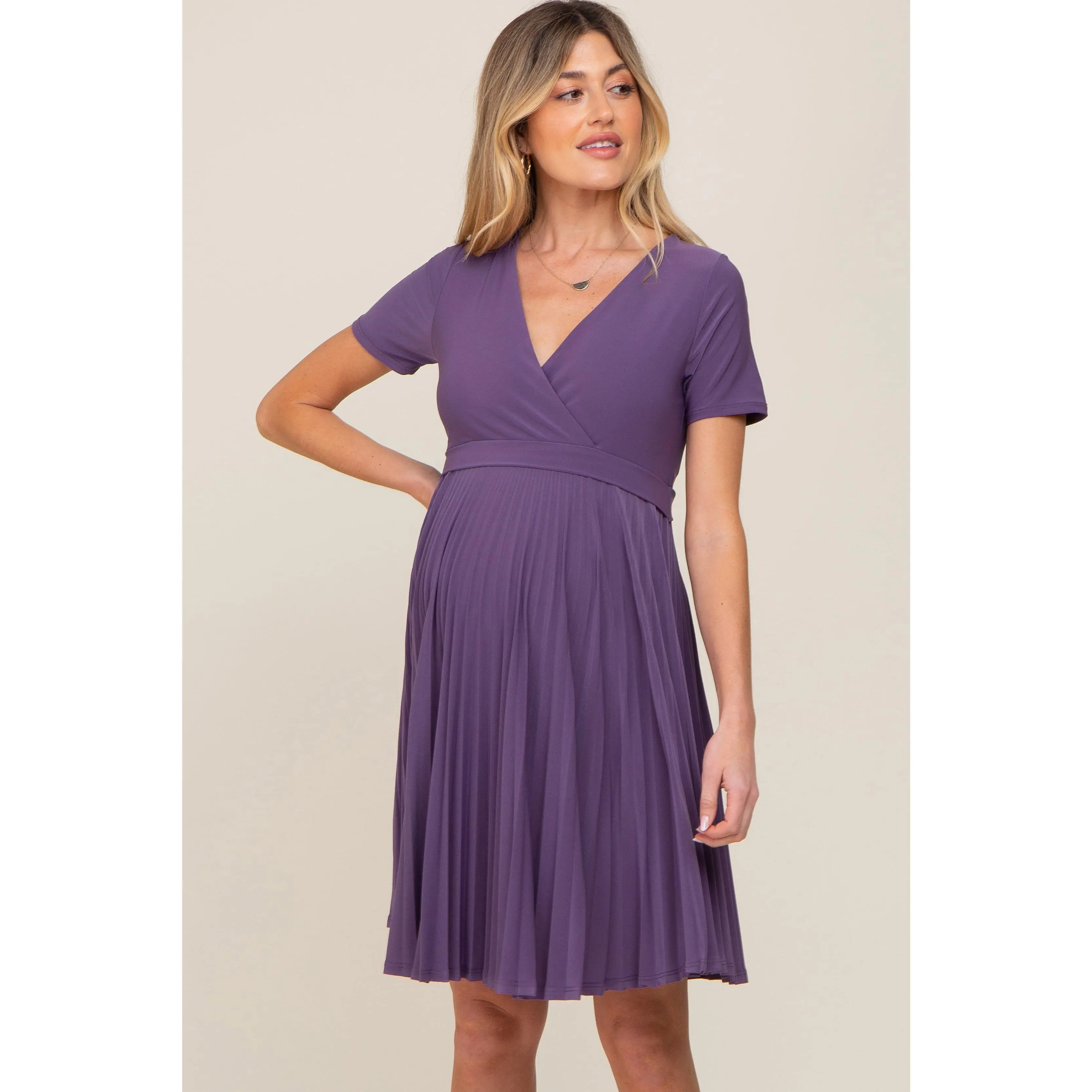 Plum Pleated Maternity/Nursing Dress - TikTok Shop
