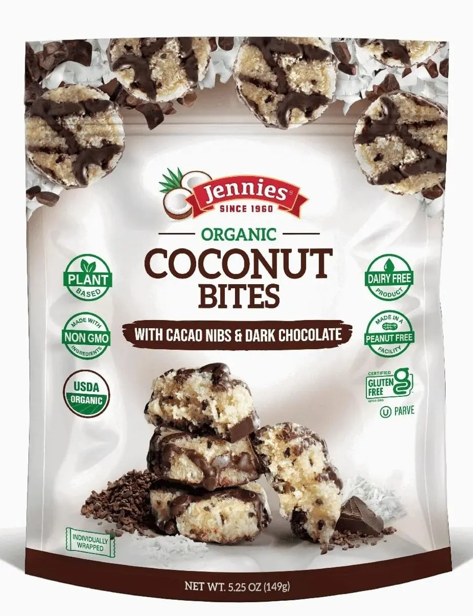 Jennies Organic Coconut Bites with Cacao Nibs and Dark Chocolate, 5.25oz | Gluten Free | Peanut Free | Dairy Free | Non GMO