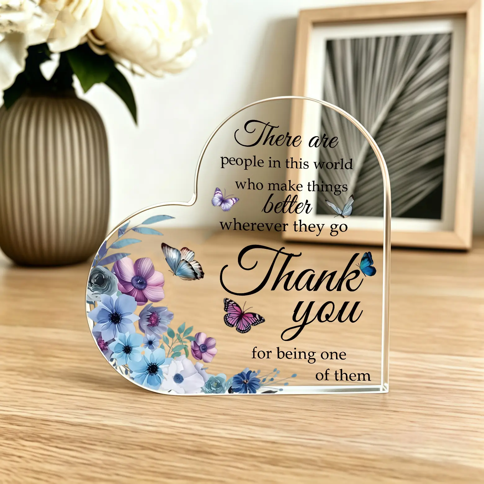 Heart Shaped Acrylic Thank You Desk Plaque with Floral Butterfly Print, Appreciation Gift for Coworker Teacher Nurse Friend Mentor, Thanksgiving Christmas Birthday Retirement Office Desk Decor Keepsake Sign, Gifts For Women, Decorative