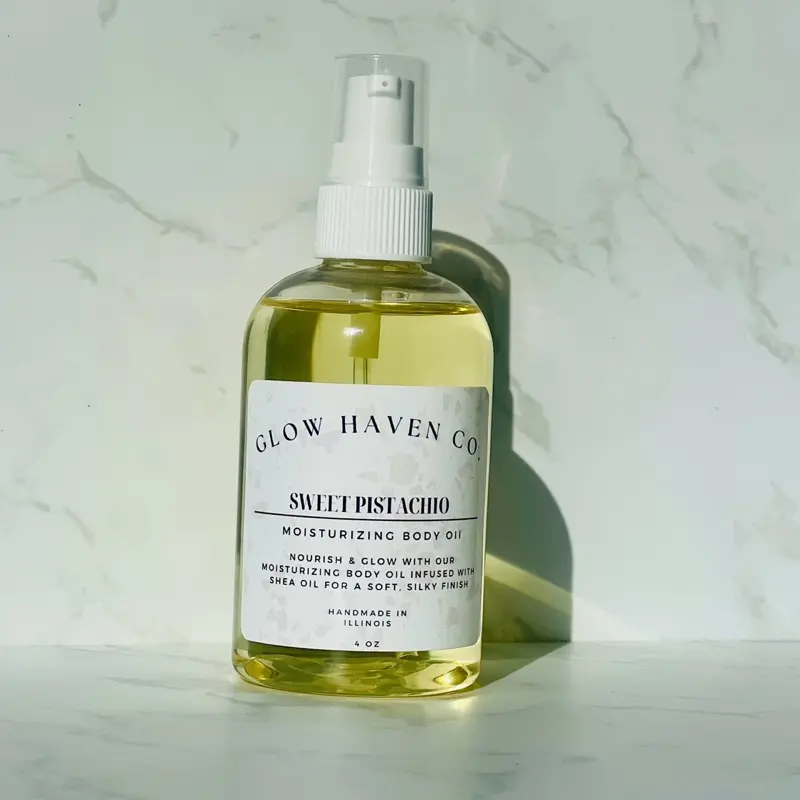 Glow Haven Co. Sweet Pistachio Body Oil - 4 oz Moisturizing Glow Oil with Sweet Nutty Scent & Lightweight Formula for Soft Radiant Skin Fragrance Moisture