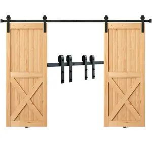8FT Sliding Barn Door Hardware Kit, 330LBS Heavy Duty Barn Door Track Kit for Double Doors, Fit 3.7-4.3FT Total Wide and 1.3"-1.8" Thick 2 Door Panel, with Smooth & Silent Pulley (J Shape)
