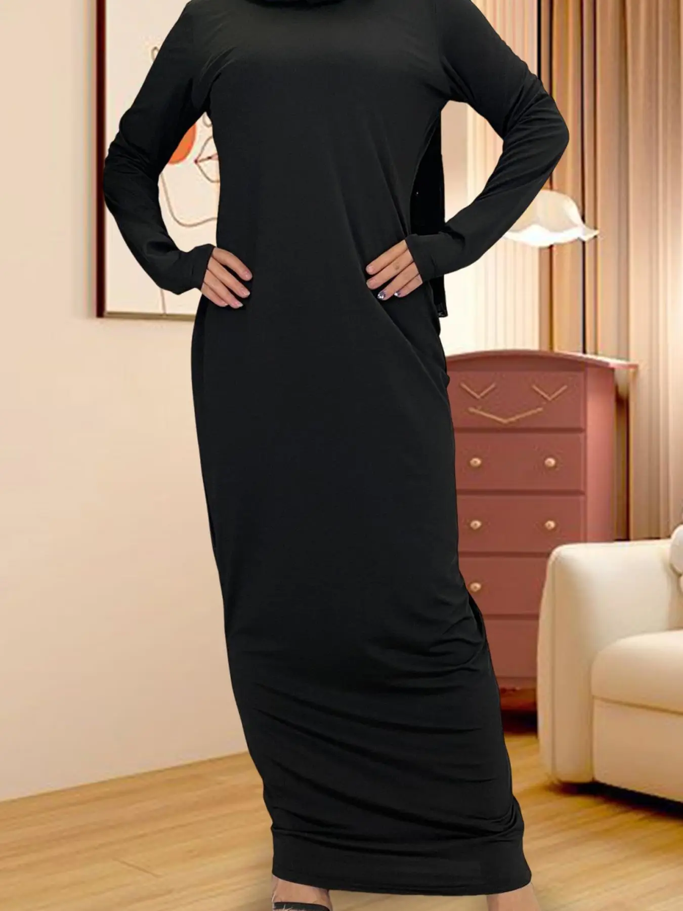 Women's Solid Long Sleeve Dress, Modest Casual Round Neck Long Dress for Daily Wear, Muslim Sleepwear & Loungewear for All Seasons