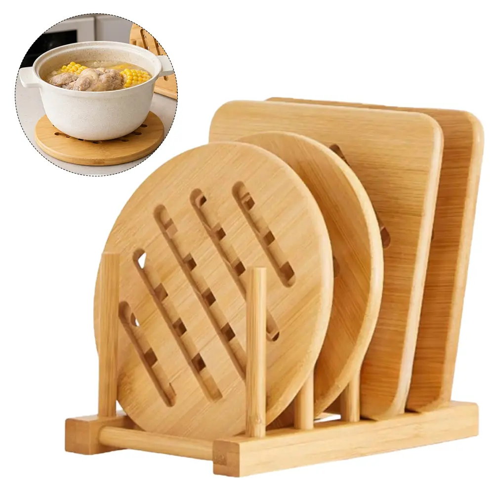 4 Bamboo Trivet Mats Set with 1 Storage Holder, Round & Square Heat Resistant Bamboo Hot Pot Coasters, Hollow Wooden Table Protector Trivets for Dishes Bowls Teapot, Anti Slip Hot Pads for Kitchen Dining Table Home Decor