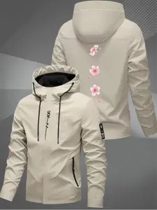 New Couple Windbreaker Jacket Cherry Blossom Print, All-Weather Outdoor Hiking Coat, Fitted Casual Outerwear for Men and Women