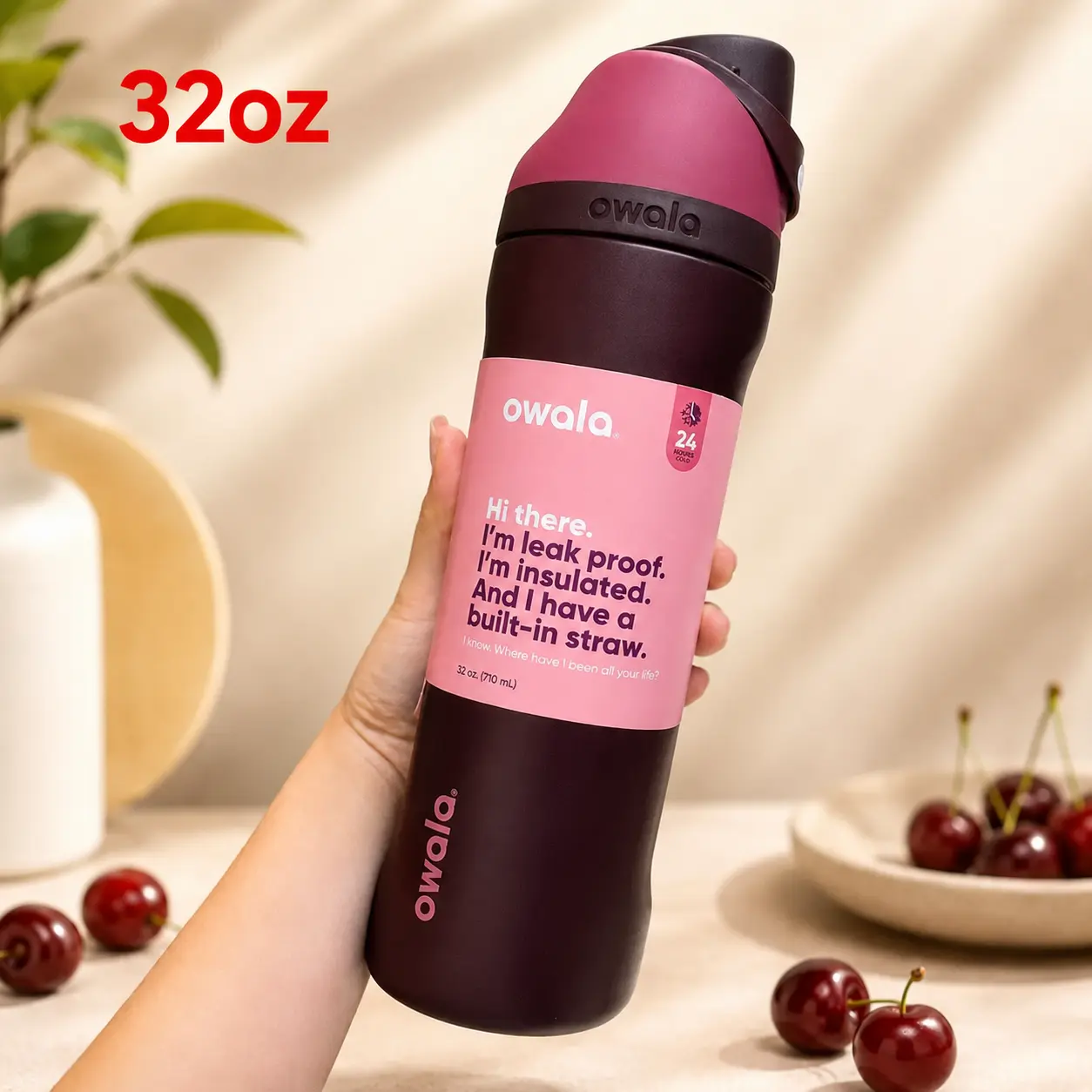 Owala FreeSip 32oz Insulated Stainless Steel Water Bottle with Straw, Deep Cherry Wine Plum Red Leakproof Sports Tumbler