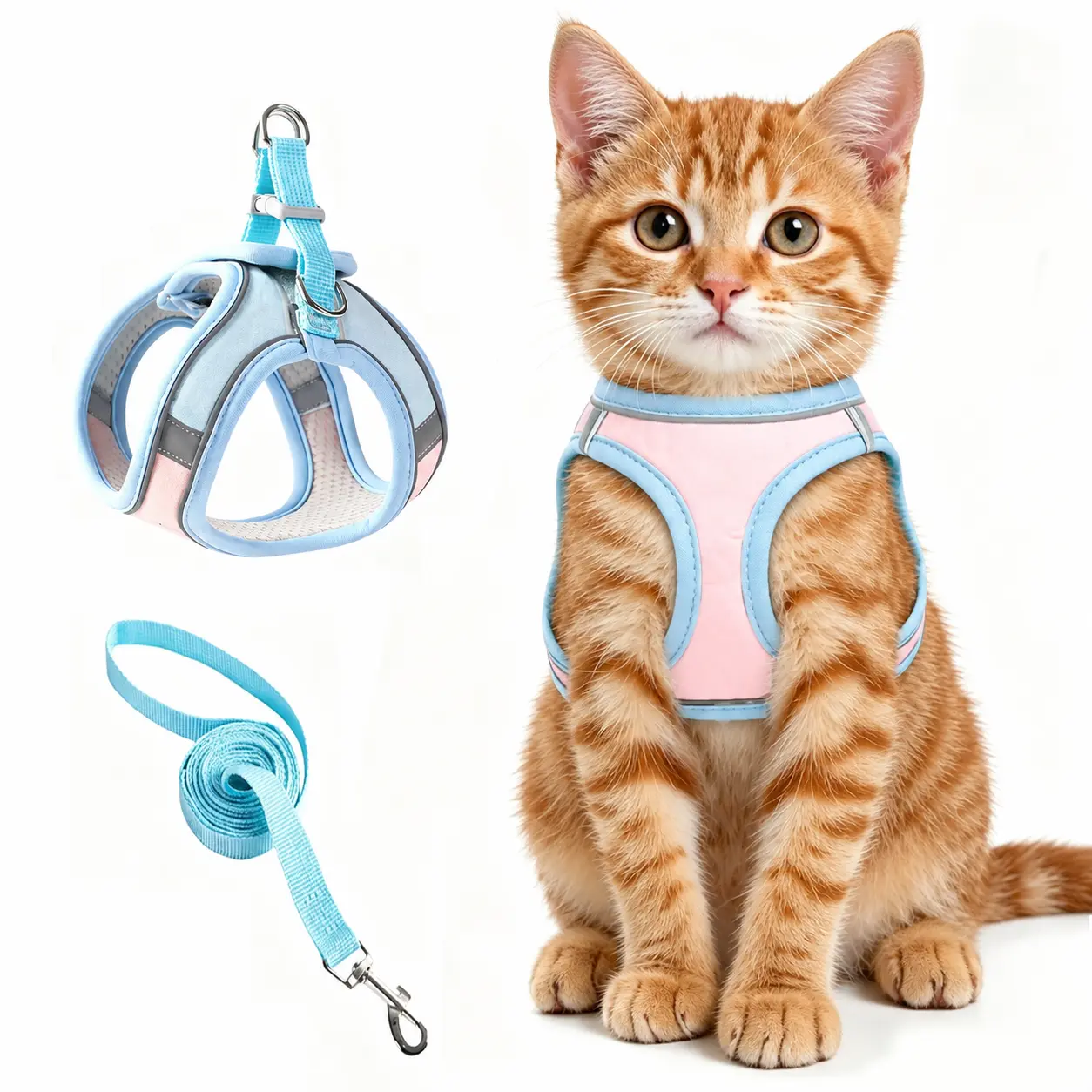 Adjustable Escape-Proof Cat Harness & Leash Set, Reflective Soft Mesh Vest Harness Leash Combo - Gentle on Fur, Lightweight Wear, Quick Buckle On/Off for Safe Travel Walk Secure Training