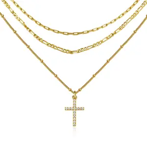 Cicy Bell Women's 18k Gold Plated Layered Necklaces Cross Vintage Cubic Zirconia Stack Long Necklace Sets Good Luck Trend Jewelry Gift