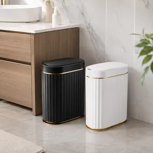 Blackgold Touchless Bathroom Trash Can with Lid - Slim Motion Sensor, Waterproof Automatic Wastebasket with Modern Ribbed Design & Gold Trim for Bathroom, Kitchen