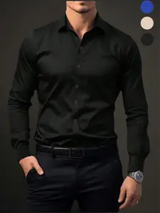 Men's Solid Long Sleeve Button Up Shirt, Business Formal Comfy Shirt for Work Office, Fashion Men's Clothes for All Seasons, Menswear