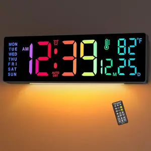 14.2" Large Display Digital Wall Clock with Date Day of Week Temp Timer, Electric 8-in-1 Color Changing Big LED Clock for  Seniors, Auto DST, Remote Control for Living Room  Gym
