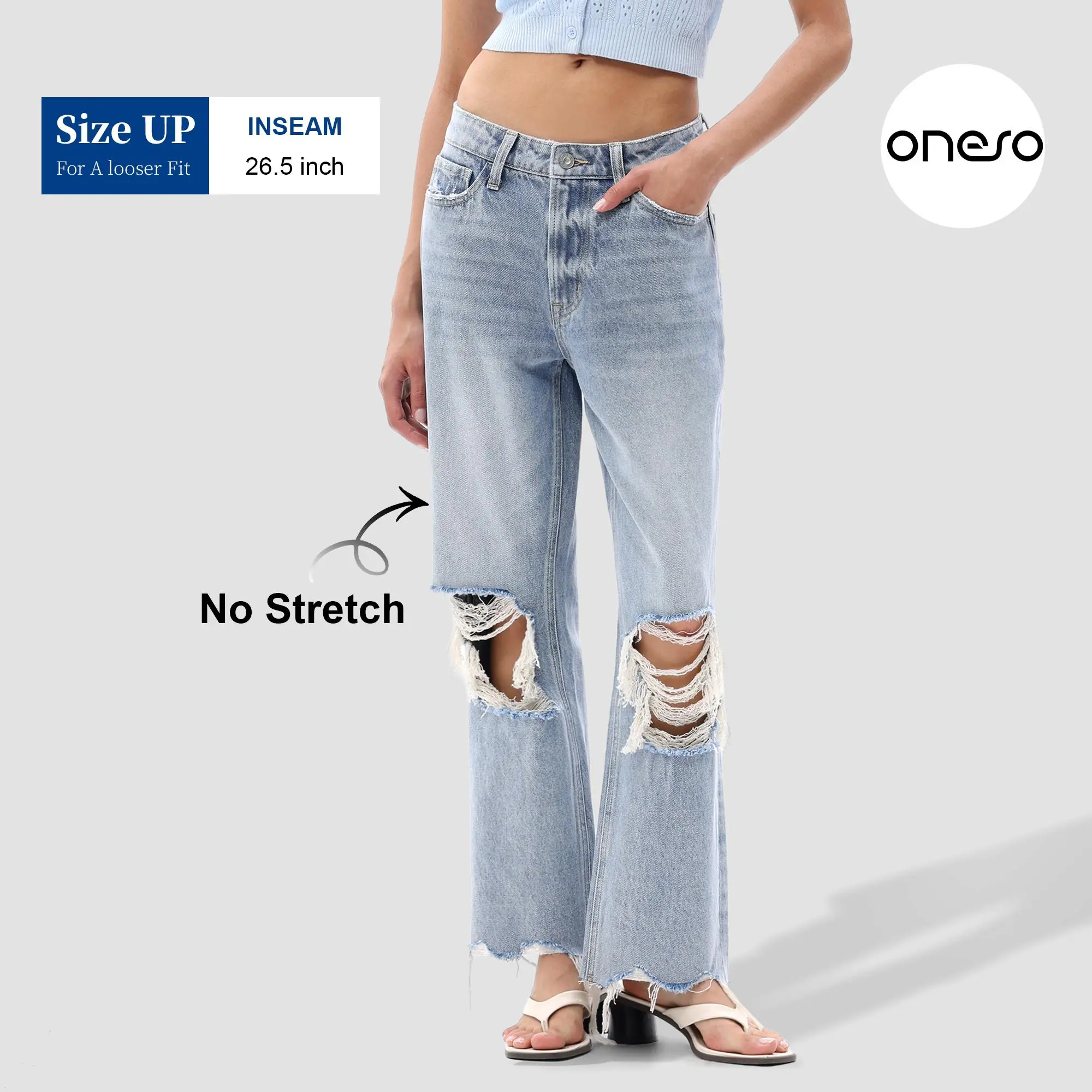 ONESO Women's Super High Rise Destroyed Straight Rigid Leg Jeans Non-Stretch Distressed Denim Pants Size Comfortable Fashion FitStyle Bottoms Womenswear Fitted Streetwear Fabric  Basic Minimalist Gift #SummerVibes