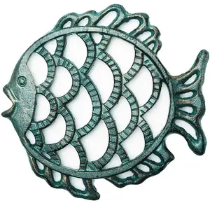Cast Iron Cute Fish Trivet for  Stove - Dia-7.5 Inch Dark Green Finish - Rustproof Round Stands for Hot Pots/Dishes/Pans - Decorative Metal Table Trivet for Kitchen Cooking