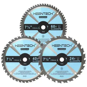 KEENTECH 7-1/4 Inch Circular Saw Blade Set 24T + 40T + 60T by 5/8" Bore for Cutting Plywood, MDF, OSB, Longer Service Life, 3-Pack