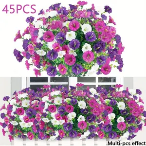 45 Bundles of Artificial Low-Growing Petunia Bundles, Wind & Rain Resistant Outdoor Flowers, Vibrant High-Quality Plastic, Ideal for Balconies and Terraces