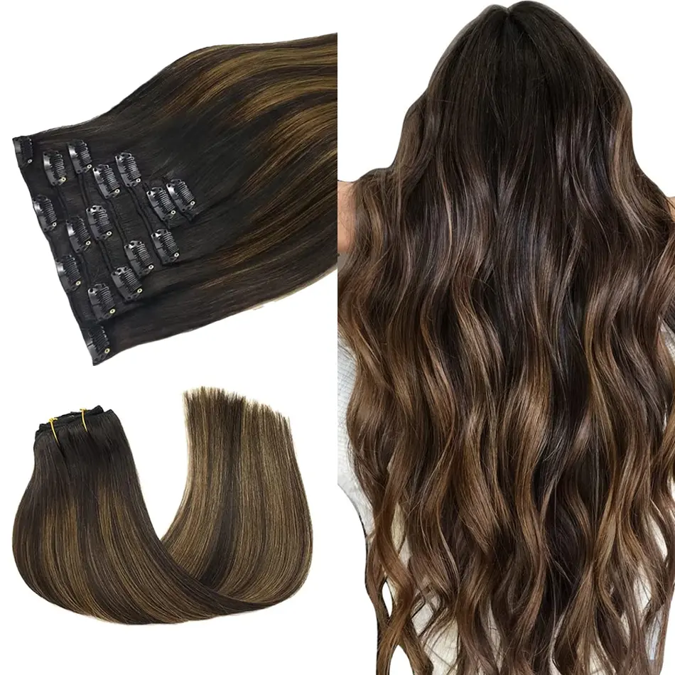 Straight Clip in Hair Extensions 100% Real Human Hair Clip ins Remy Human Hair  For Women Invisible Natural Straight Seamless 7pcs/set 120g  Color #2/6/2  14-22 Inches