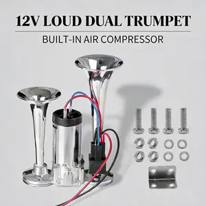 2026 New Chrome 12V Super Loud Dual Trumpet Car Horn | Built-in Air Compressor & Complete Install Kit | Universal Fit for Cars, Trucks & SUVs