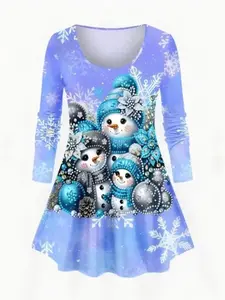 Women's Casual Cute Christmas Snowman Print Long Sleeve Dress, Holiday Fashion, Comfortable & Stylish, Perfect for Winter Wear