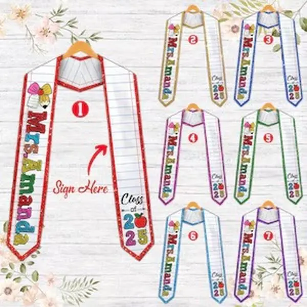 Custom Teacher Graduation Stole 2025 – Coquette Pencil Sash & Personalized Name Print & Class of 2025 Educator Grad Gift