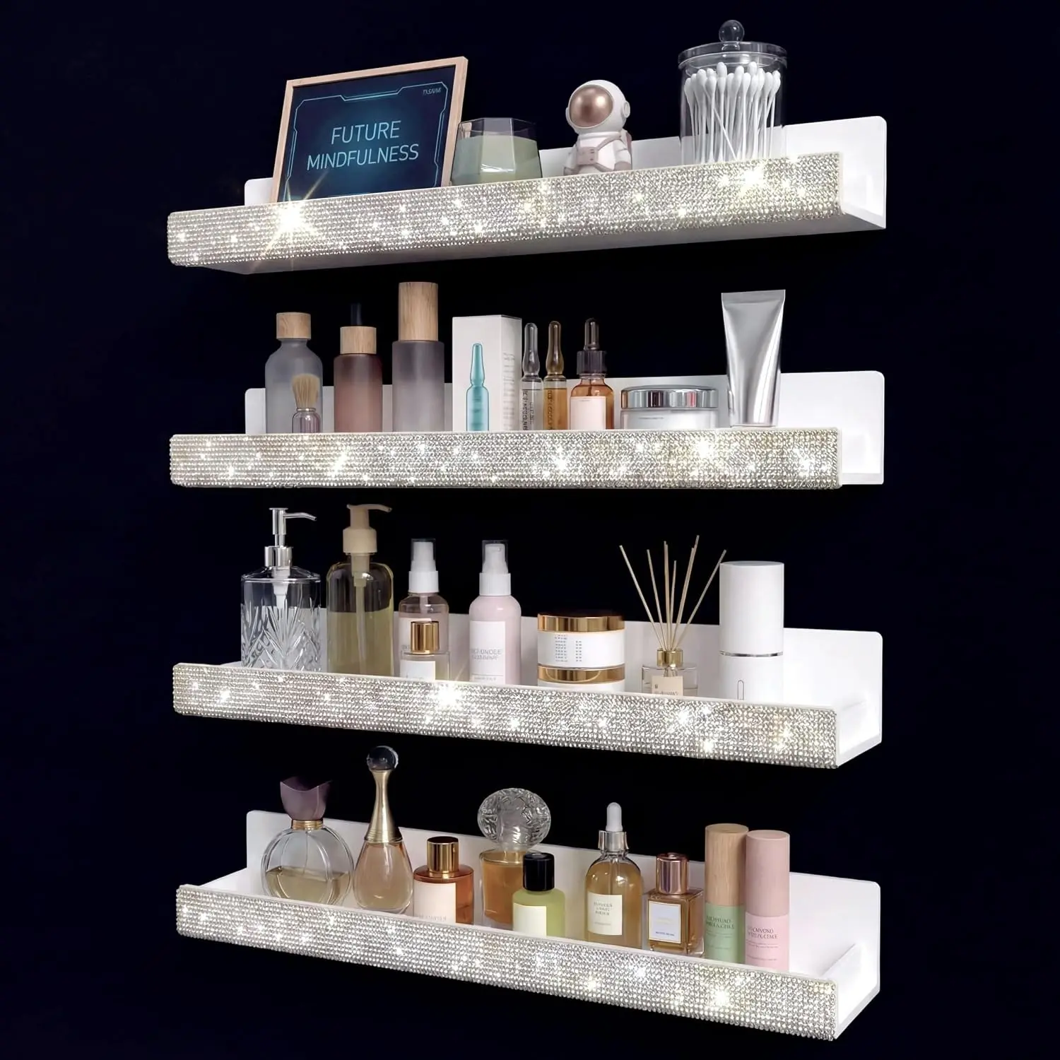 4 Pack 15 Inch Nail Polish Wall Rack，Diamond Crystal Rhinestone Acrylic Nail Polish Organizer，Sunglasses Essential Oil Picture Display Storage Wall Shelf