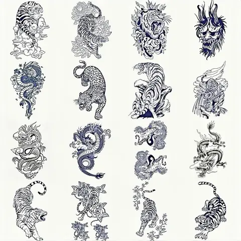 Dragon & Tiger Pattern Temporary Tattoos Stickers, Aesthetic Tattoo Merch 16pcs/set Waterproof Long Lasting Fake Tattoo Sticker, Body Art Decoration for Men & Women, Body Fake Tattoos