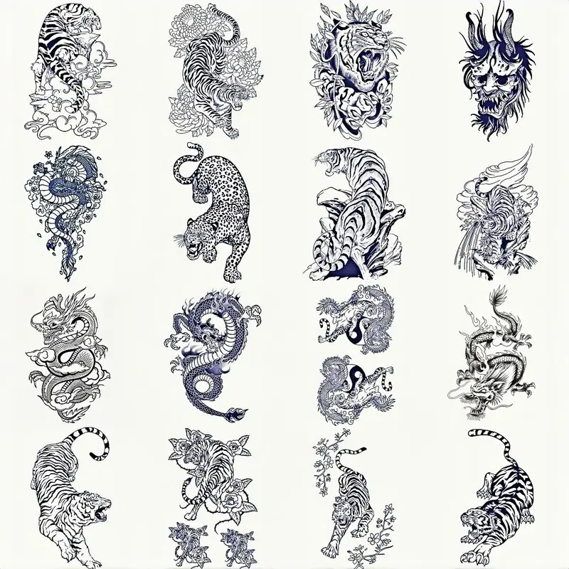 Dragon & Tiger Pattern Temporary Tattoos Stickers, Aesthetic Tattoo Merch 16pcs/set Waterproof Long Lasting Fake Tattoo Sticker, Body Art Decoration for Men & Women, Body Fake Tattoos